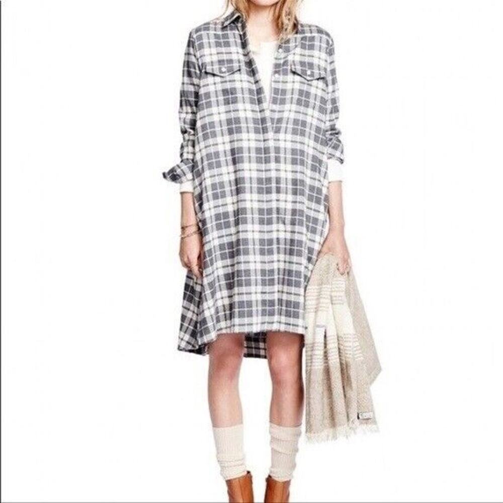 Hatch Maternity Plaid The Flannel Shirt Dress Gray Collared Button Size P / Med